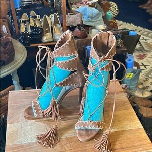 SCHUTZ Brown and Blue Lace-Up Heels